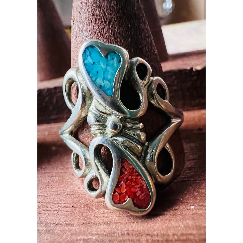 Taxco Sterling Silver Heart Ring Turquoise Coral Jewelry Size 8.5 925 Mexico